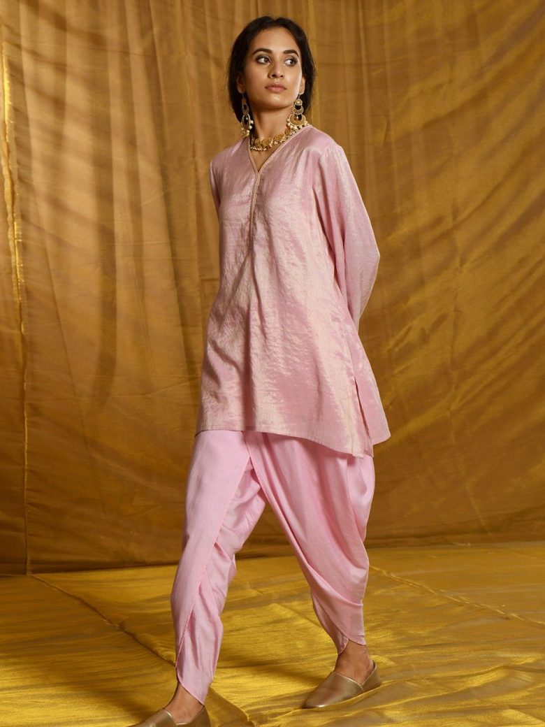 Buy Dhoti Style Crop Top Suit - Pink Satin Silk Embroidered Suit – Empress  Clothing