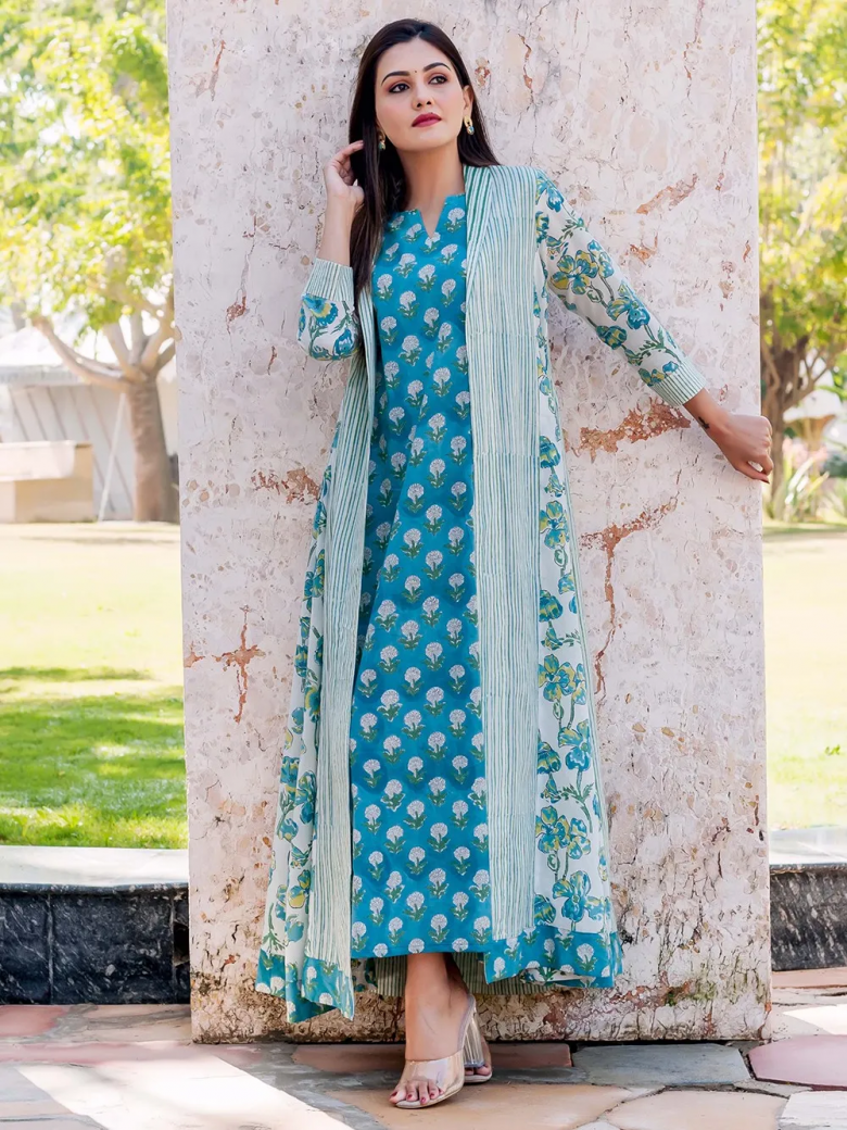 Sky Blue Kurti Dress: Printed Cotton and Serene Sophistication