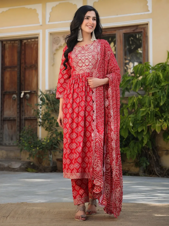 Red Printed Cotton Suit
