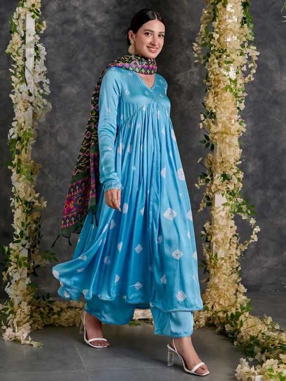 Blue Bandhani Anarkali Modal Satin Suit