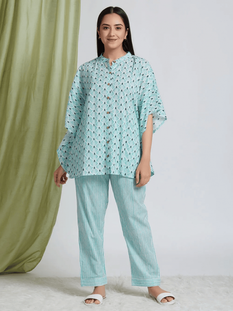 Blue Hand Block Printed Cotton Lounge Wear