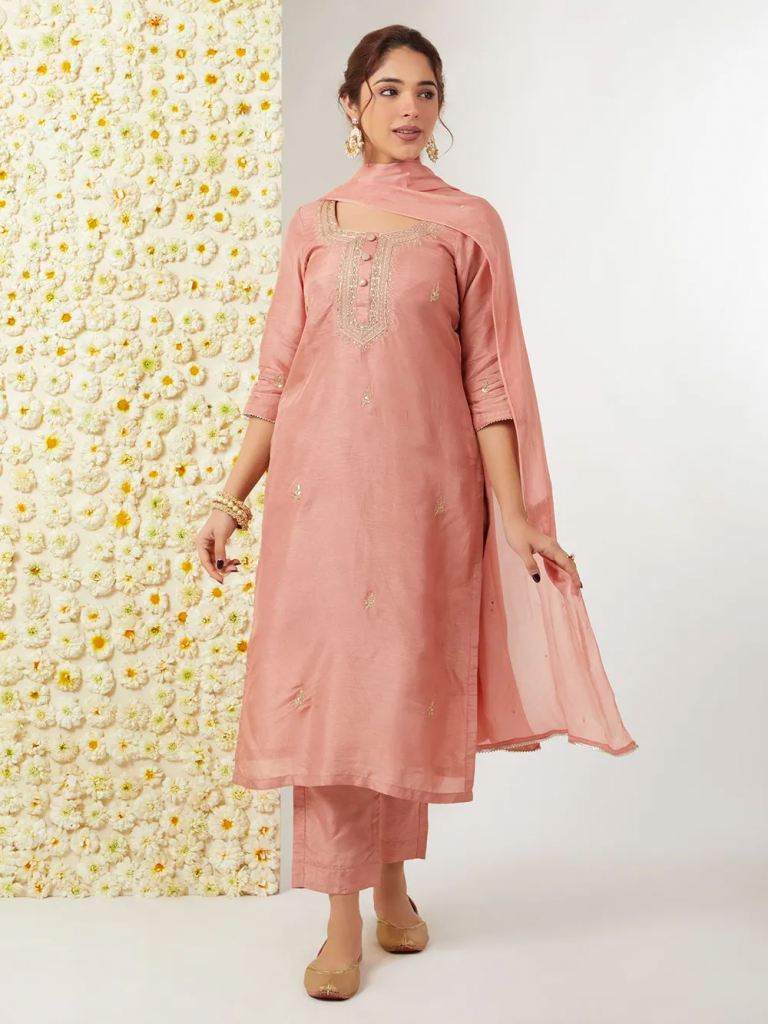 Taupe Hand Embroidered Dola Silk Suit