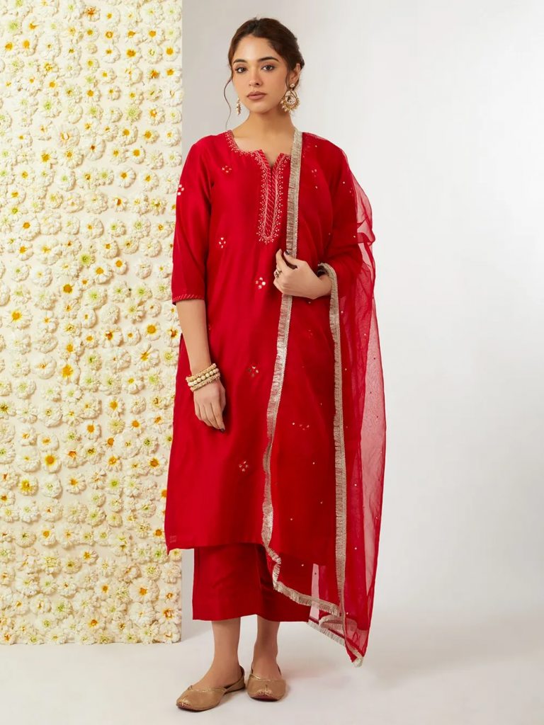 Red Hand Embroidered Chanderi Silk Suit