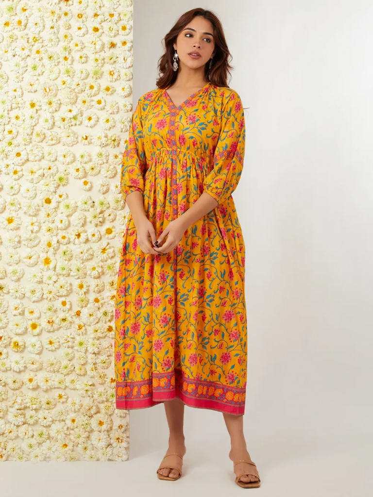 Mustard Yellow Printed Cotton Dress