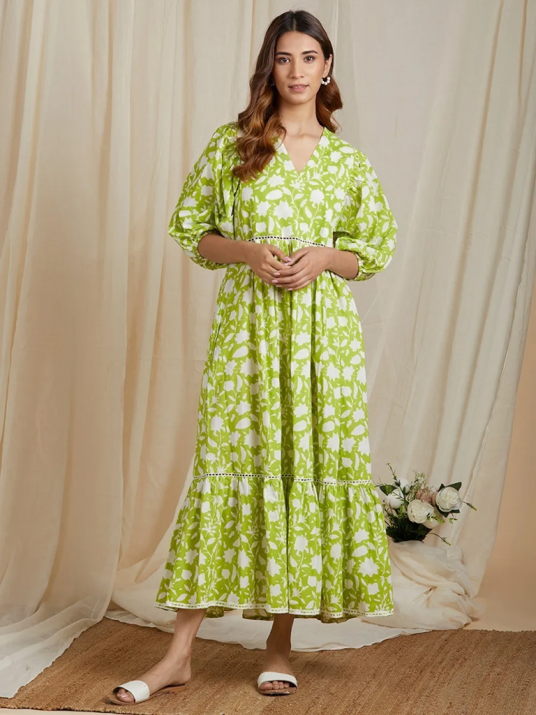 Green Hand Block Printed Cotton Maxi Dress