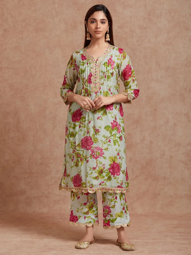 Green Printed Cotton Silk Kurta