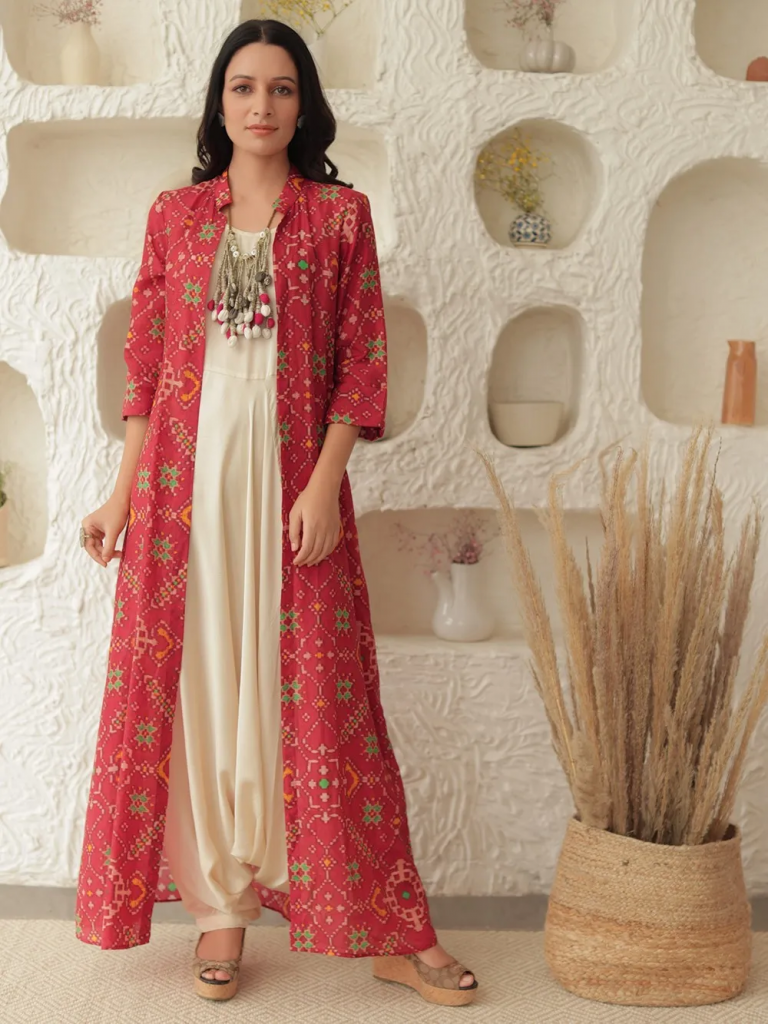 Red Cotton Silk Jumpsuit with Printed Shrug