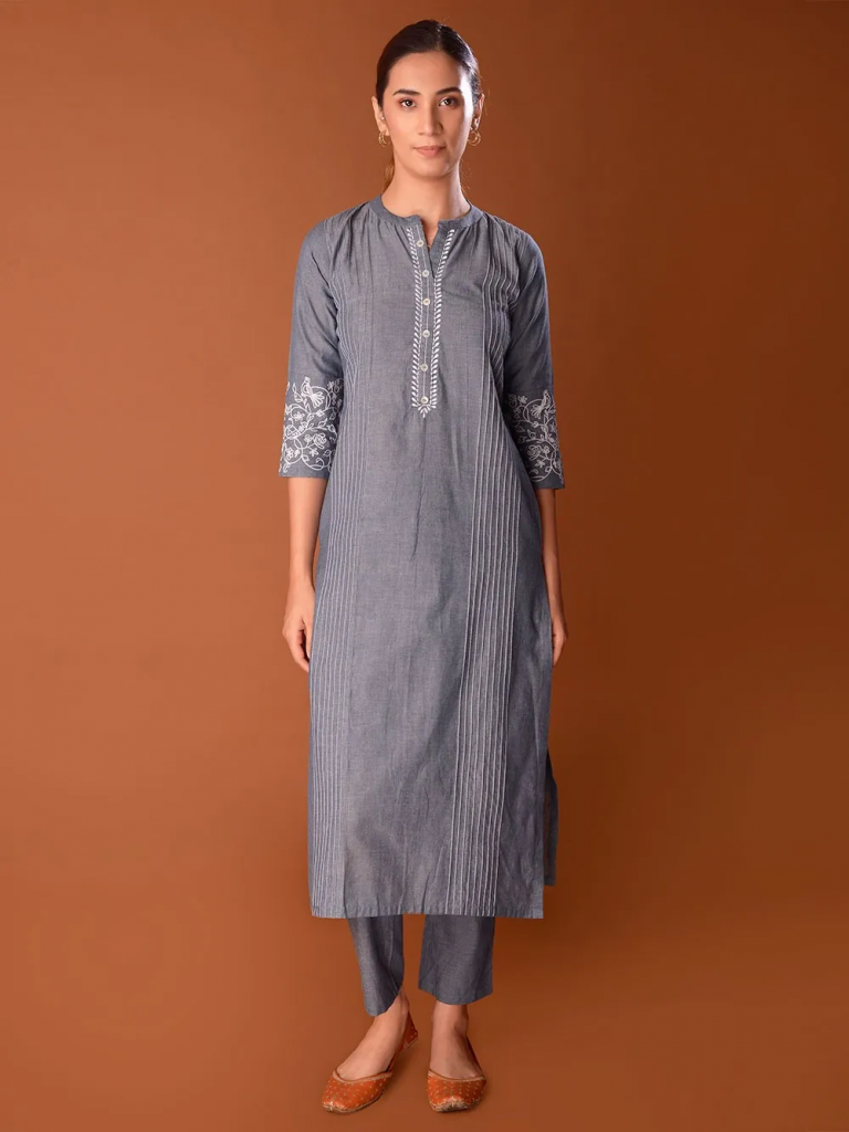 Denim Embroidered Cotton Pintuck Kurta