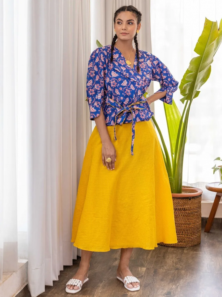 Blue Hand Block Printed Cotton Wrap Top with Yellow Skirt