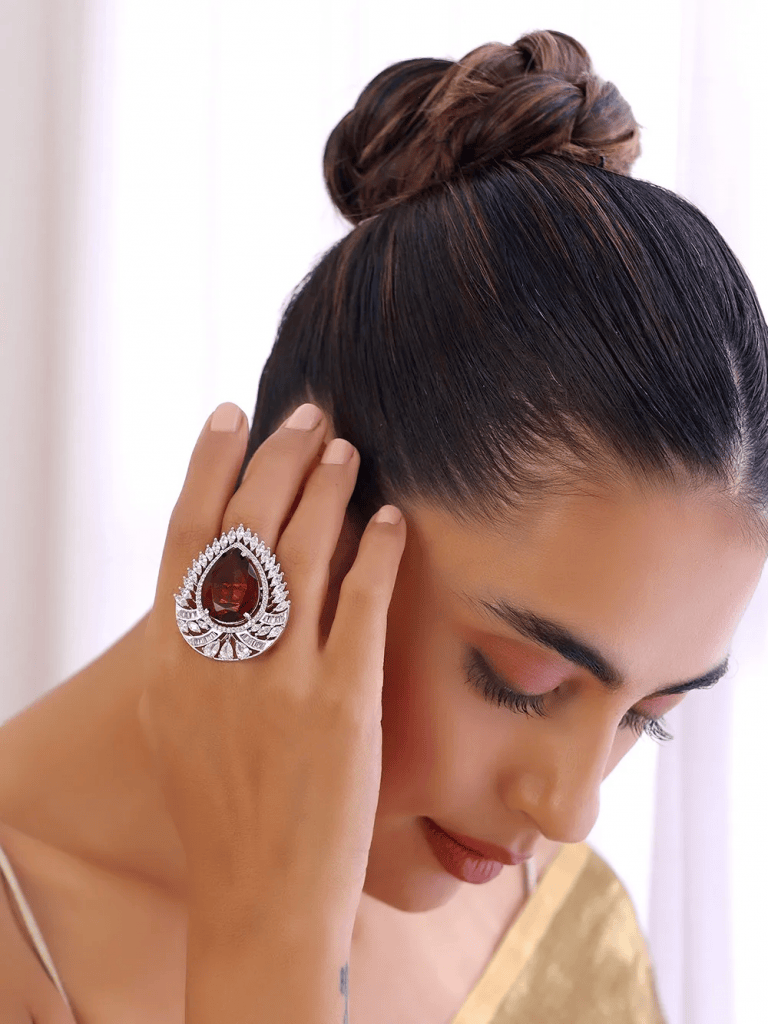 Silver Toned Red Handcrafted Brass Ring