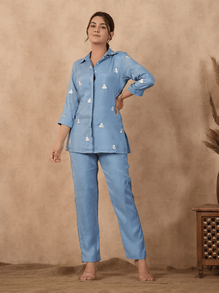 Blue Embroidered Shantoon Co-ord Set