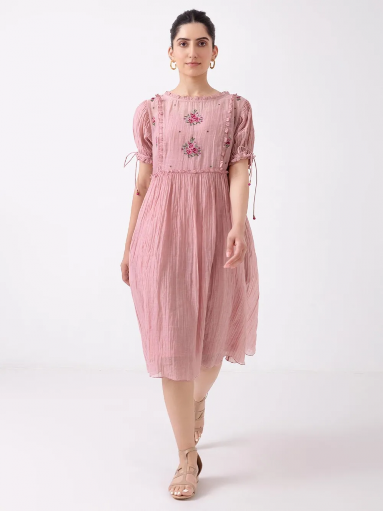 Pink Hand Embroidered Chanderi Dress with Slip