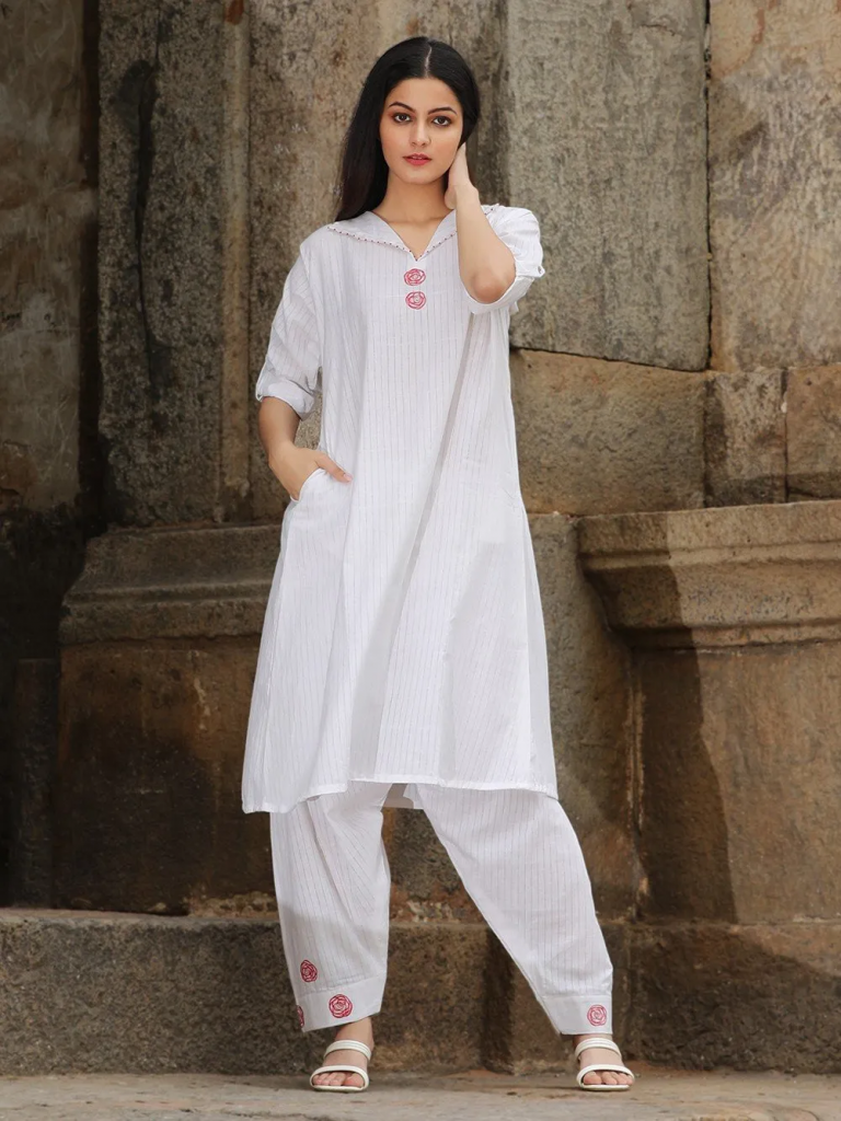 White Handwoven Cotton Tunic with Salwar