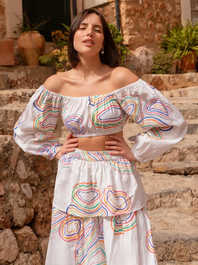 Multicolor Printed Linen Off Shoulder Crop Top