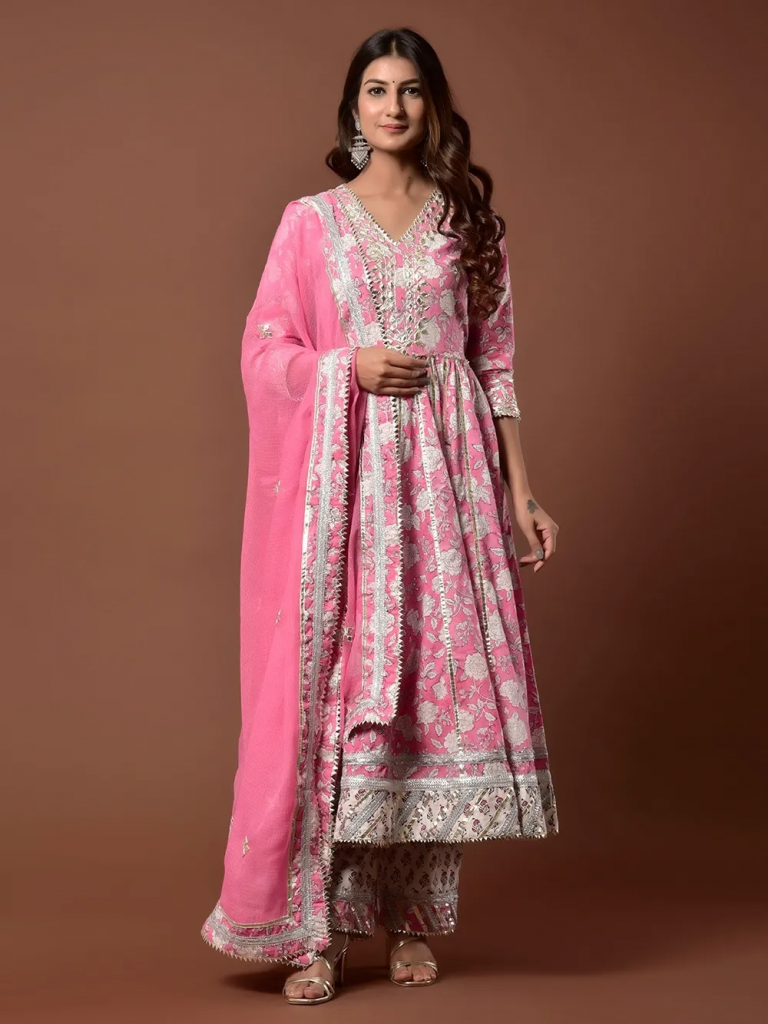 White Pink Hand Block Printed Cotton Kalidar Suit
