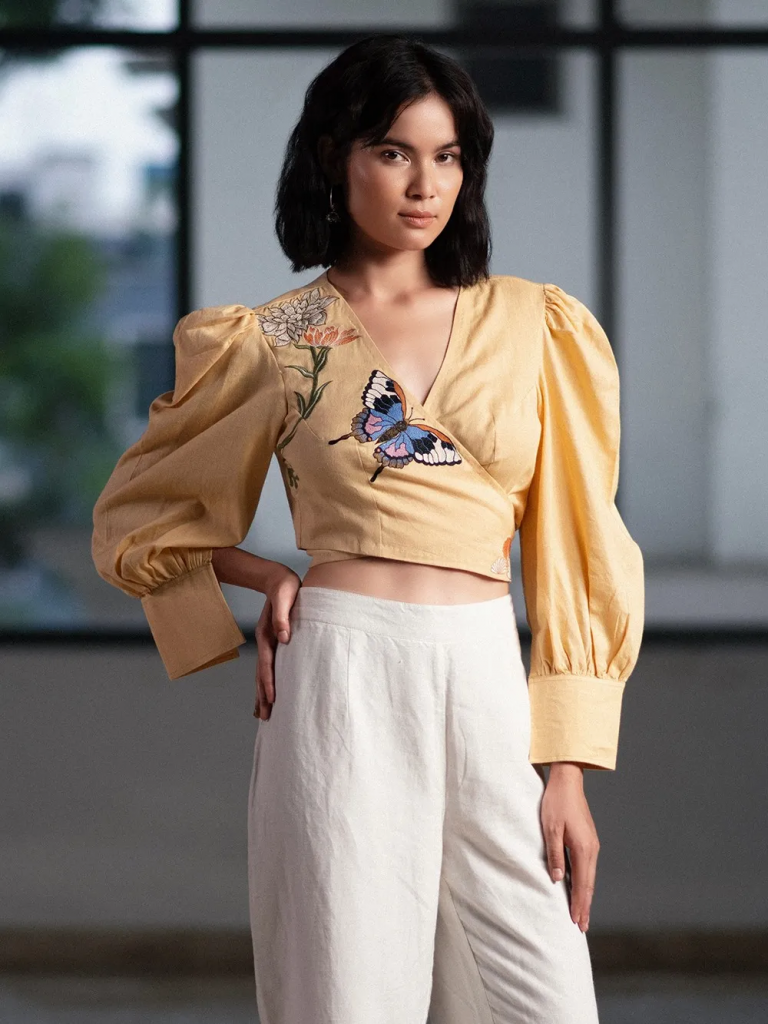 Beige Embroidered Cotton Linen Top