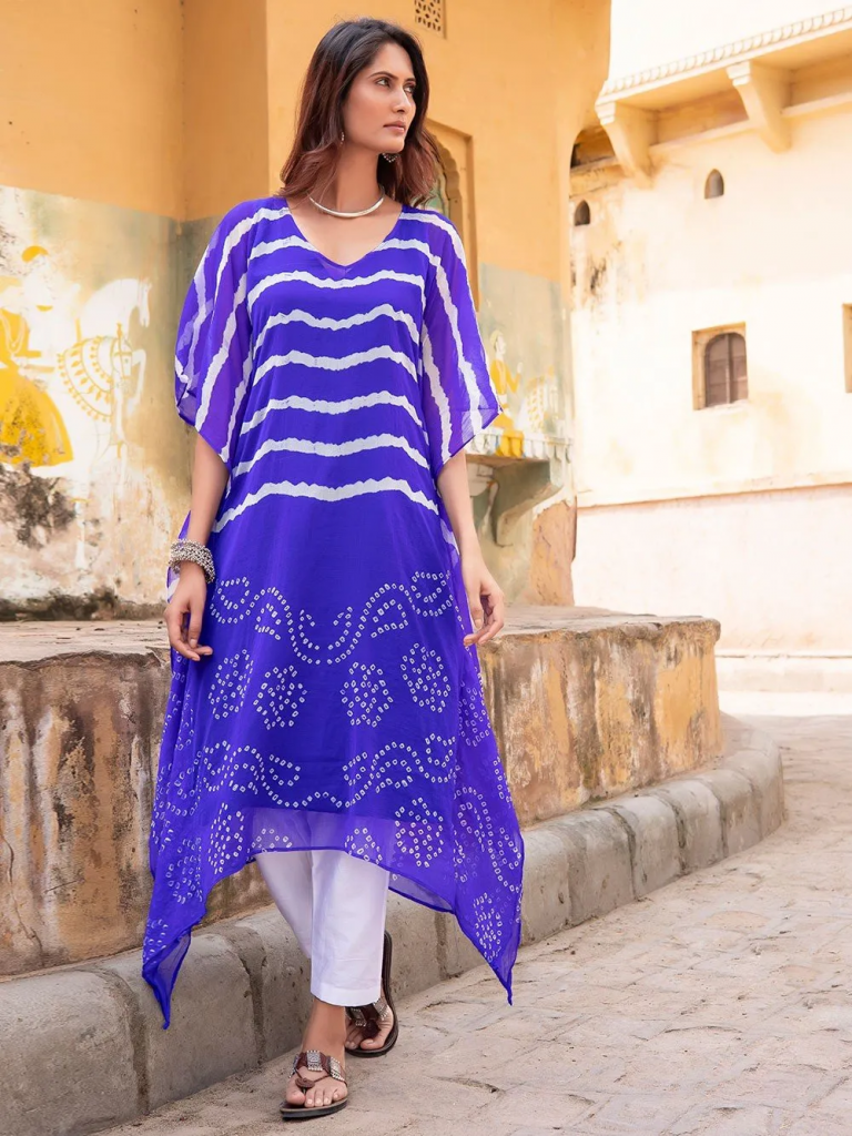 Blue Bandhani Chiffon Kaftan with Inner