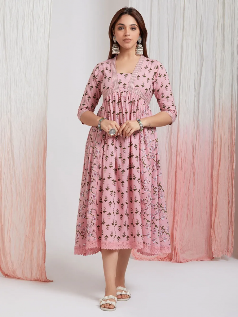 Pink Green Printed Cotton Gathered Dress