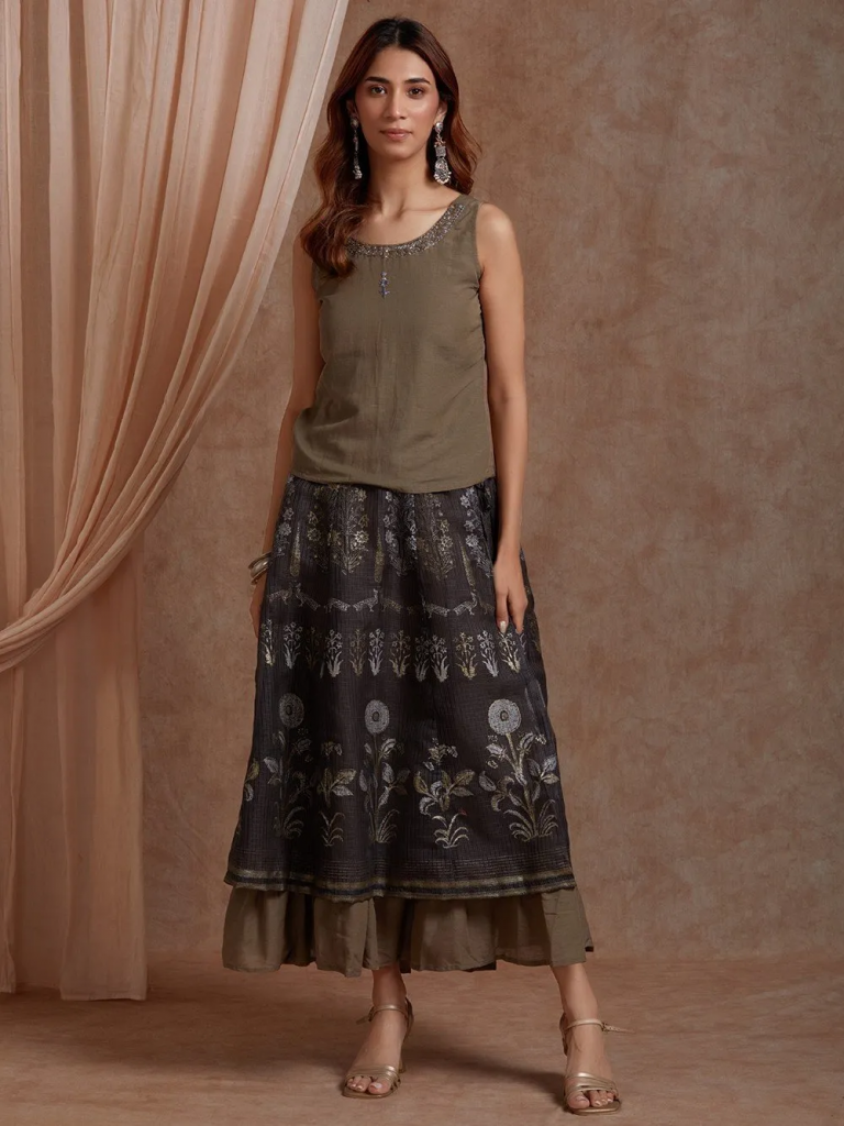 Brown Hand Embroidered Linen Top with Hand Block Printed Skirt