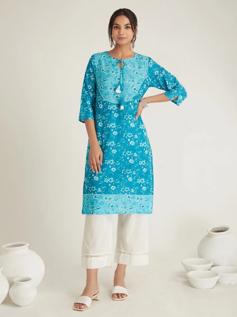 Blue Hand Block Printed Cotton Kurta