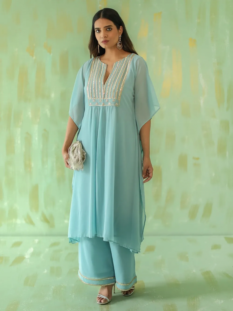 Powder Blue Mirror Embroidered Georgette Kaftan with Palazzo