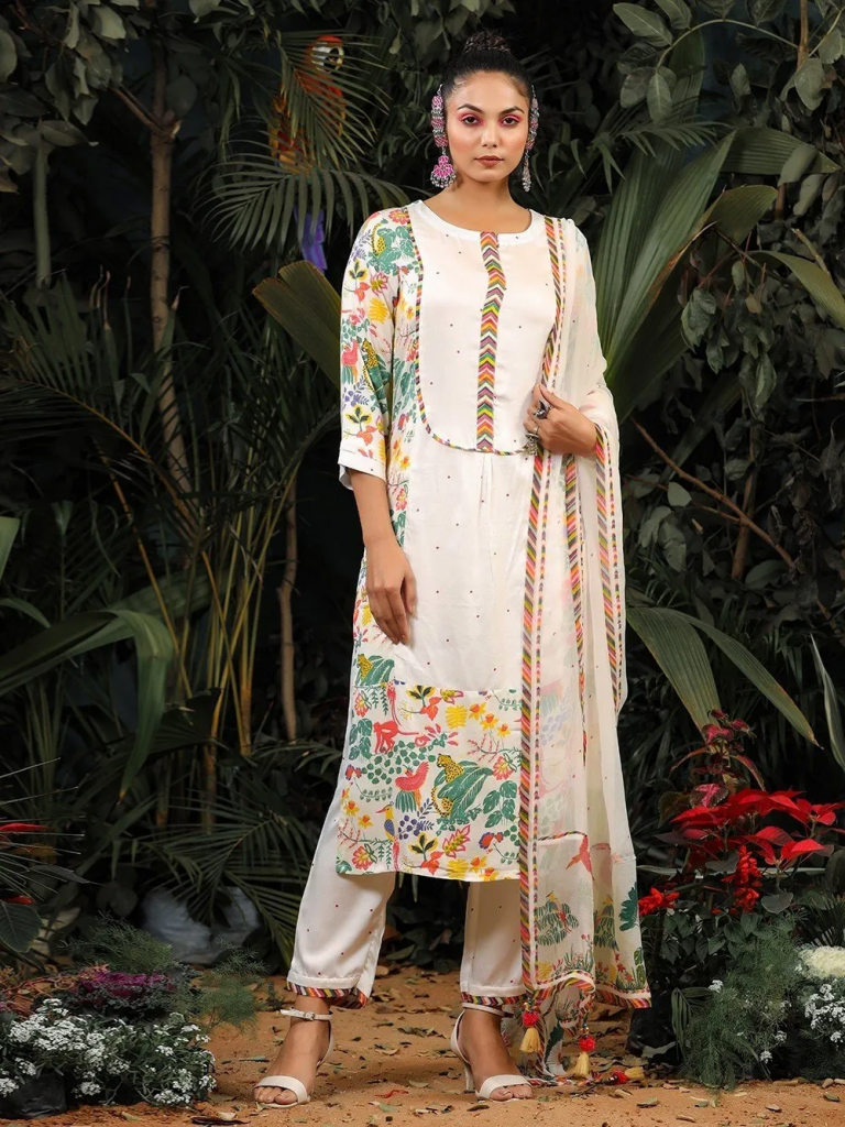 Off White Green Printed Modal Satin Suit with Chiffon Dupatta