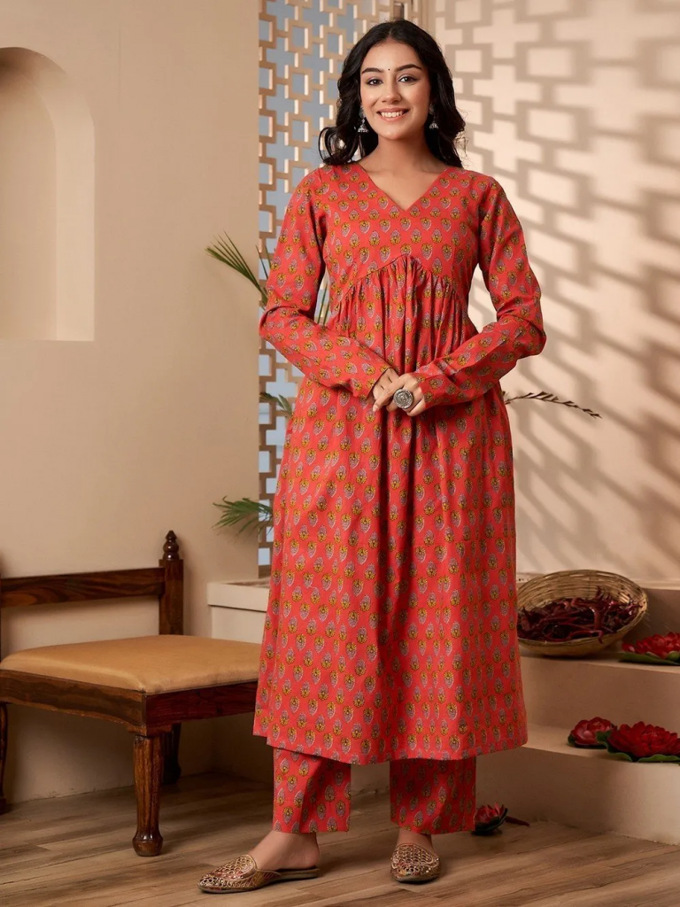 Peach Green Printed Cotton Anarkali Kurta with Pants