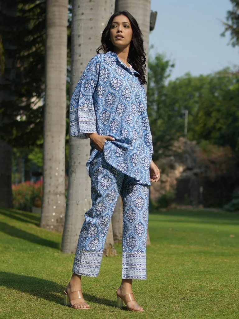 Blue Hand Block Printed Cotton Co-ord Set