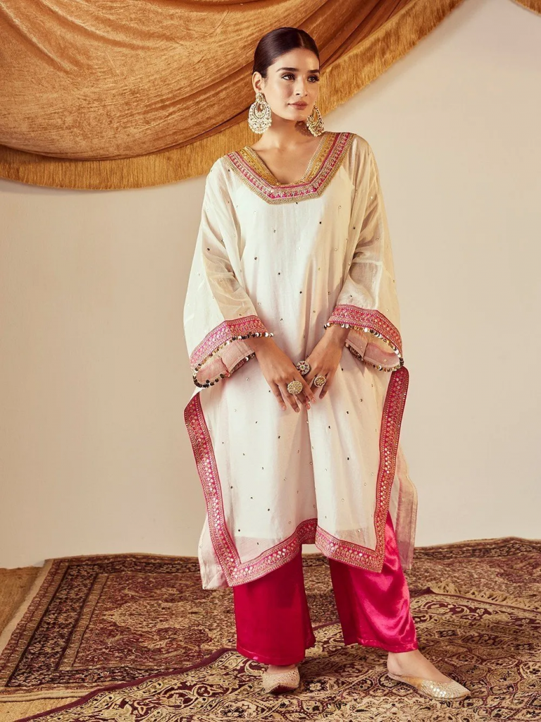 Ivory Mirror Work Chanderi Kaftan with Cambric Cotton Slip