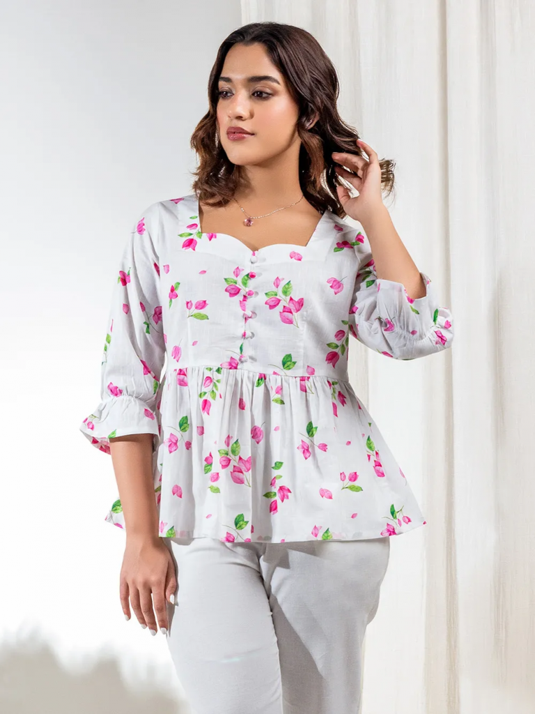 White Pink Printed Cotton Slub Peplum Top