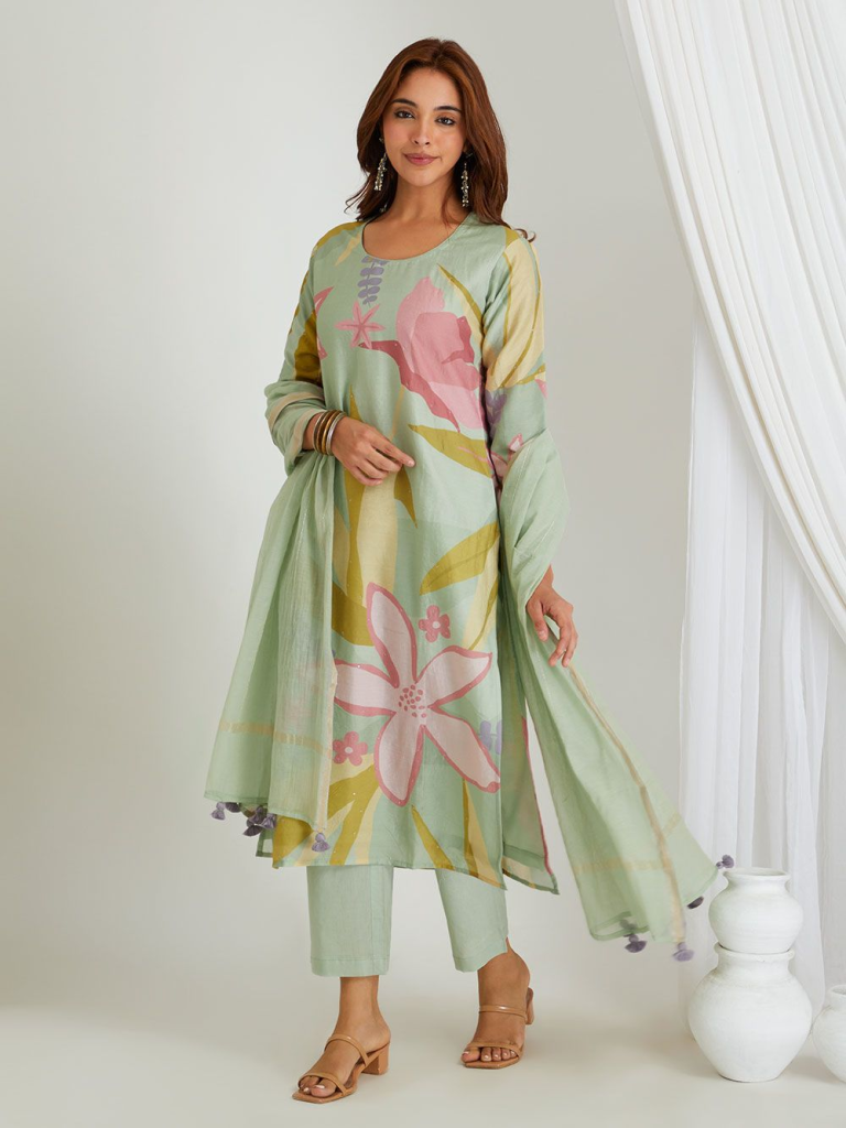 Green Printed Chanderi Suit