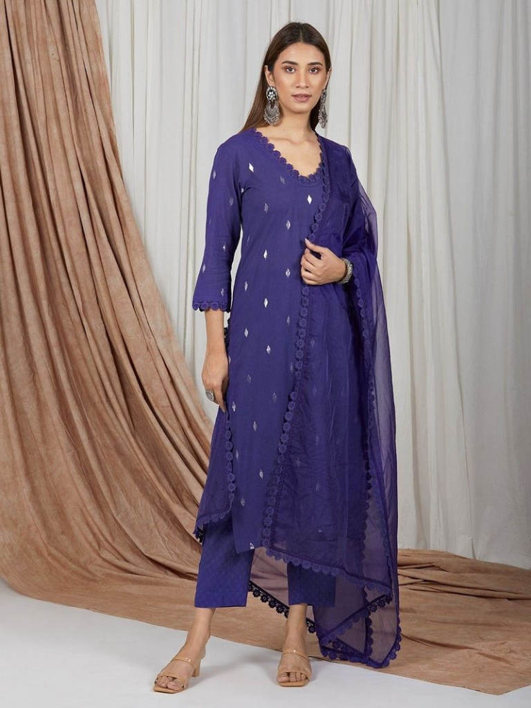 Purple Cotton Lurex Suit with Organza Dupatta