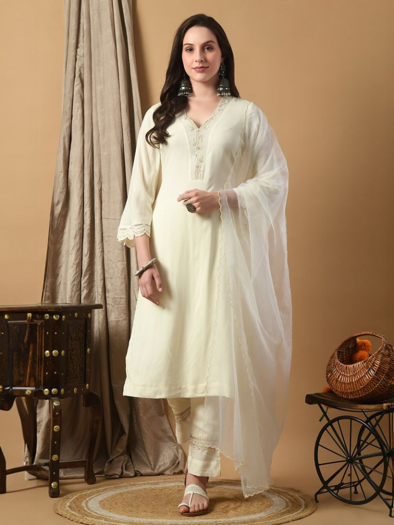 Off White Zari Embroidered Viscose Modal Suit