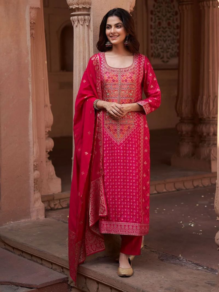 Pink Embroidered Crepe Silk Jacquard Suit