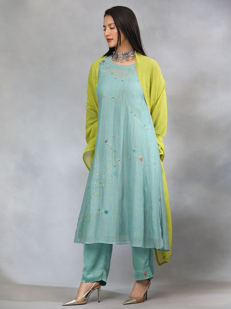 Blue Hand Embroidered Chanderi Silk Suit