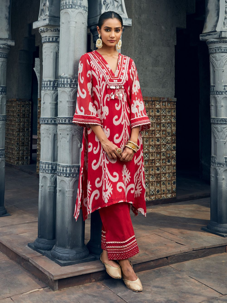 Red Printed Cotton Kurta with Pants