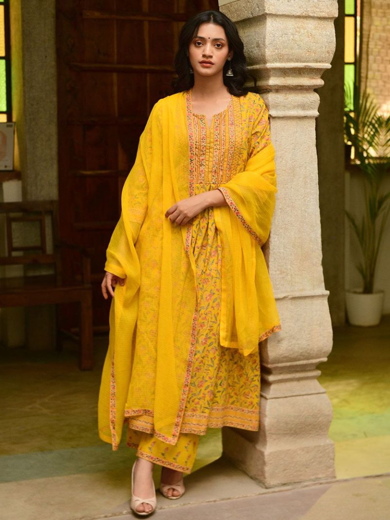 Yellow Hand Block Printed Cotton Embroidered Suit