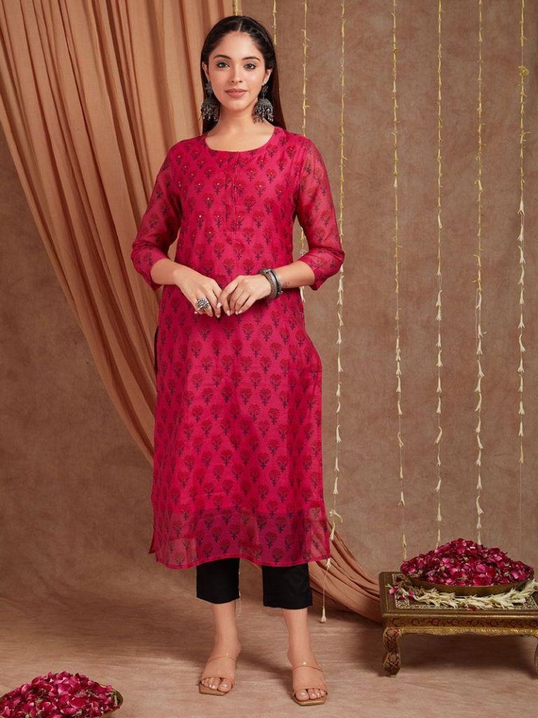 Pink Hand Block Printed Chanderi Kurta