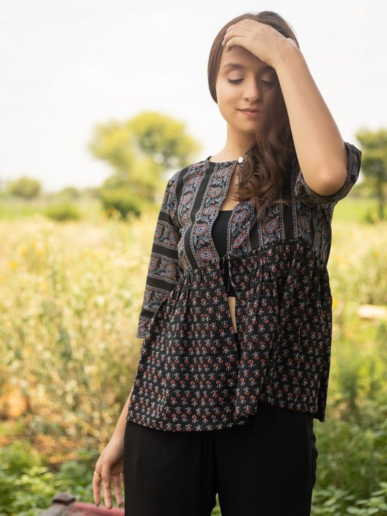 Black Hand Block Printed Cambric Cotton Top