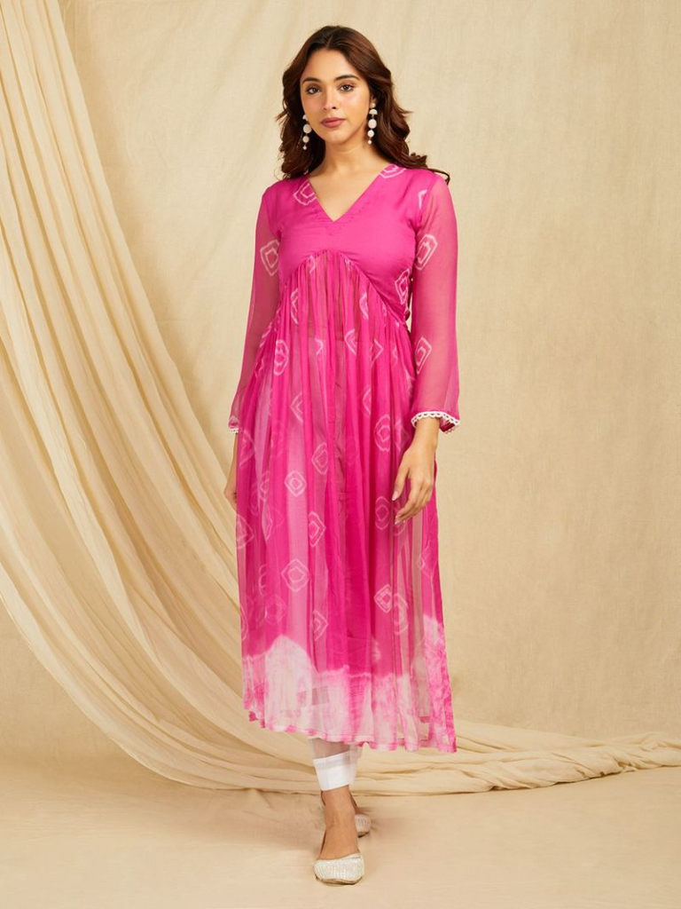 Pink Tie and Dye Chiffon Kurta with Pants