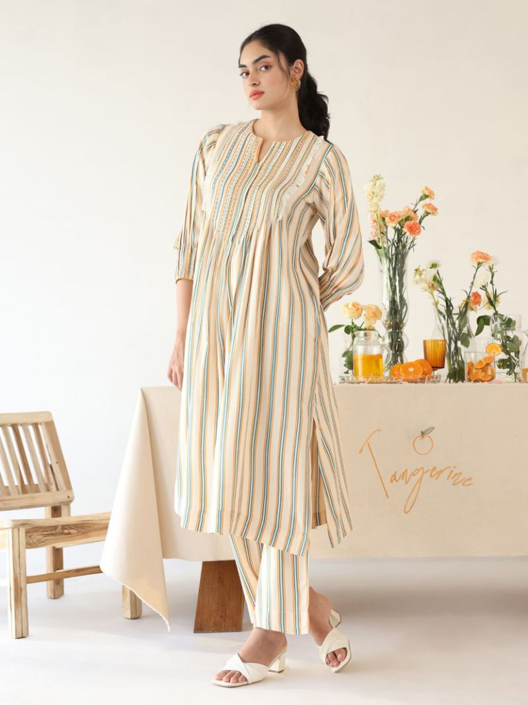 Multicolor Thread Embroidered Rayon Striped Kurta with Pants