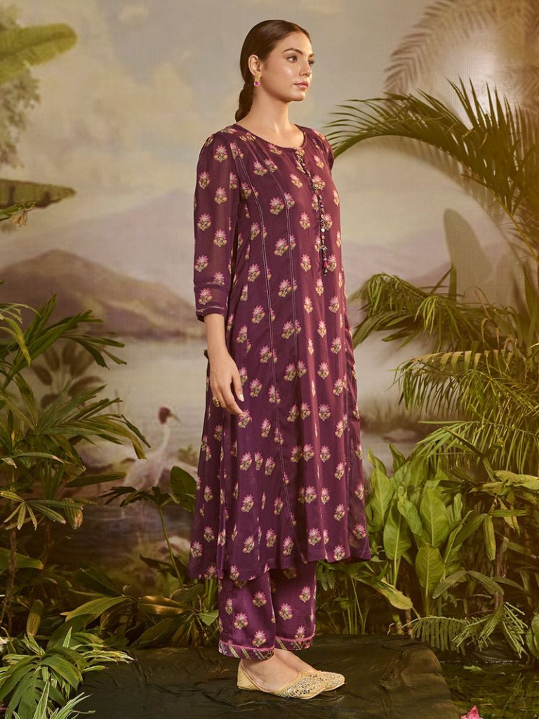 Purple Printed Georgette Embroidered Kurta with Slip