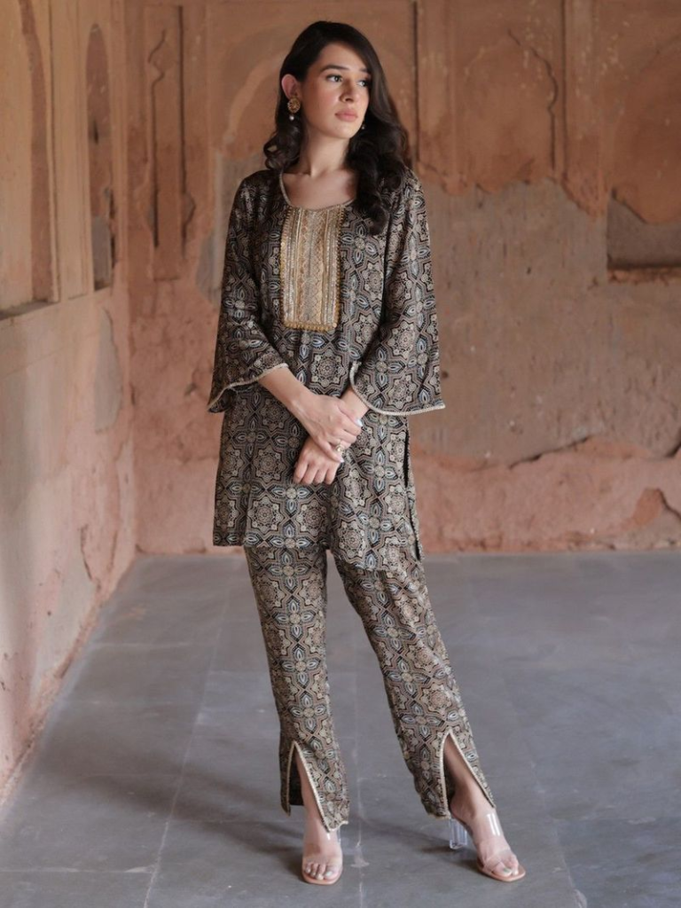 Beige Ajrakh Hand Block Printed Satin Silk Embroidered Kurta with Pants